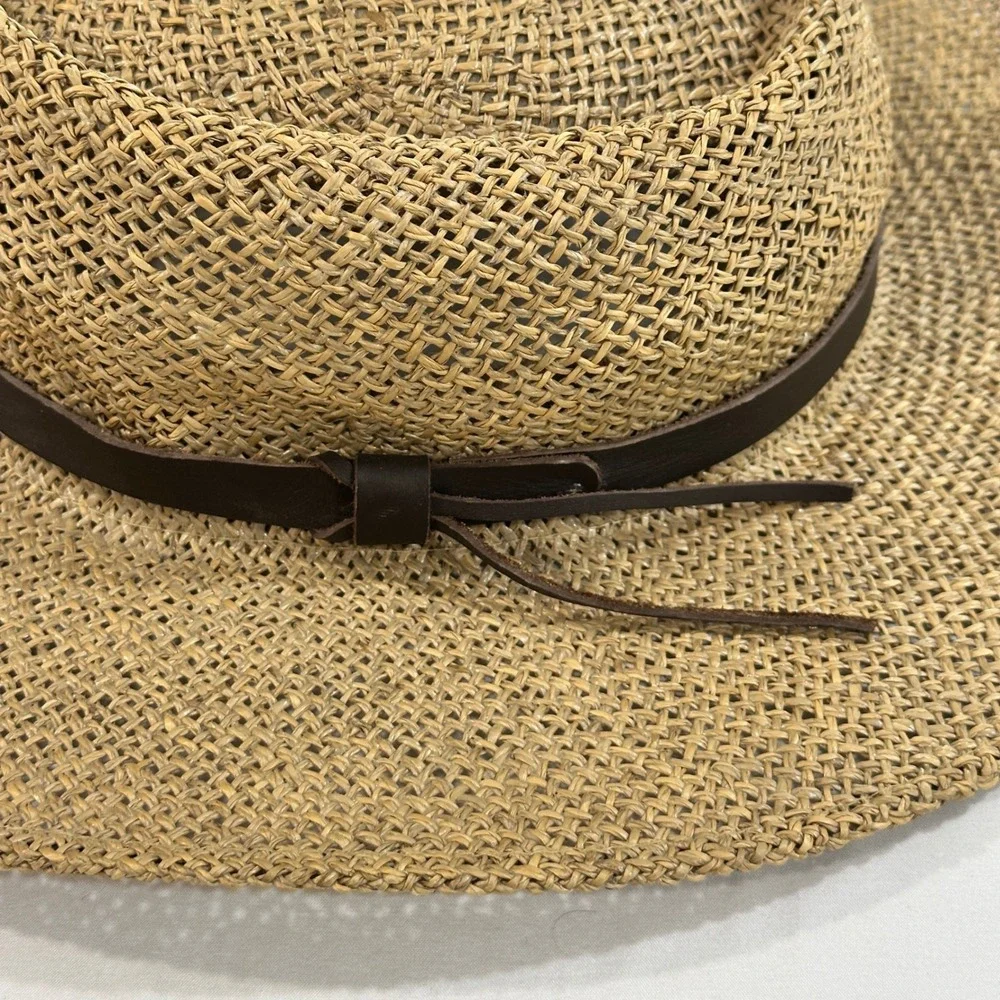 Stetson Straw Sun Hat Women Tan Wide Brim Boater Fedora Leather Band Summer